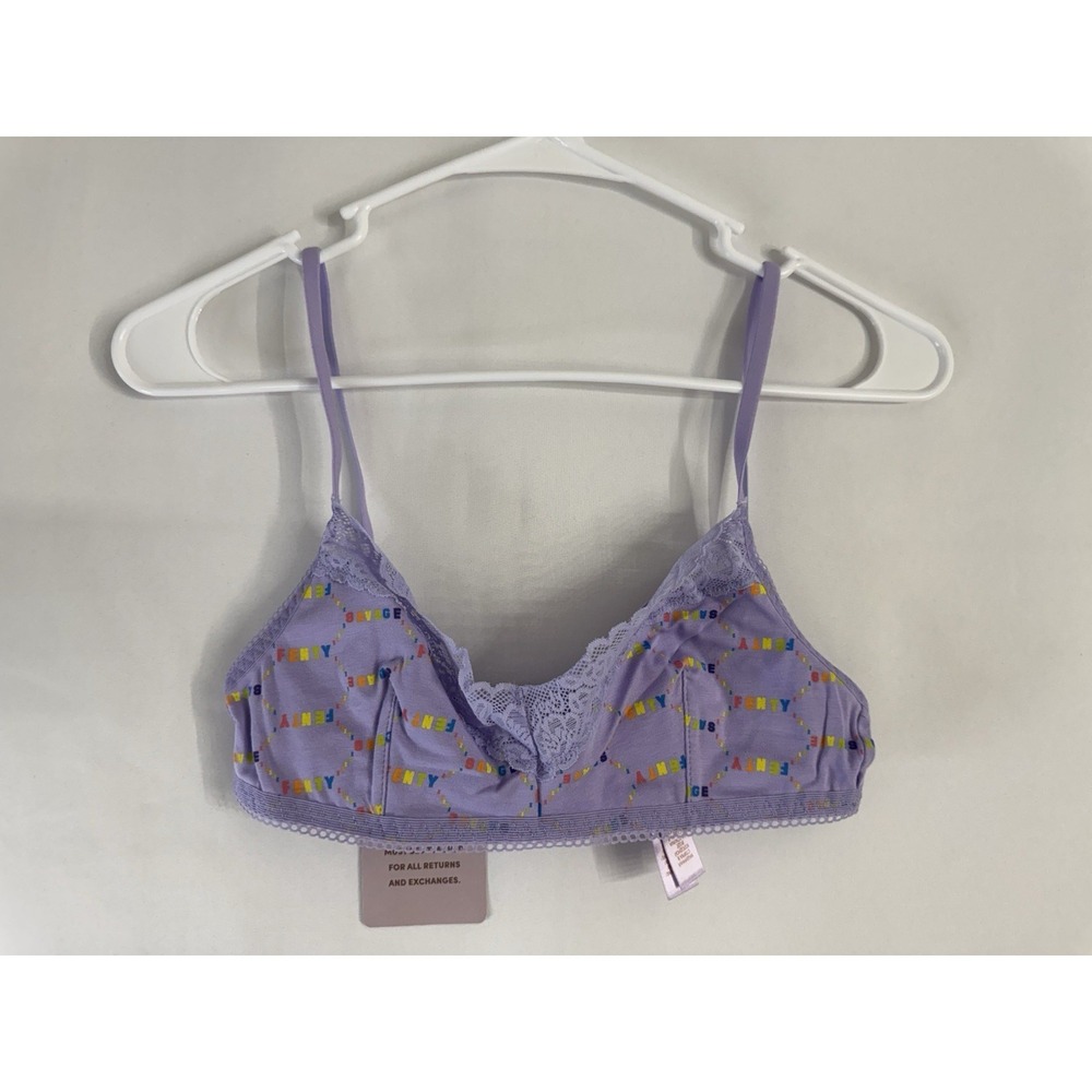 Savage X Fenty Bralette X-Small Purple Lace Trim Logo Print Wireless Bra NWT